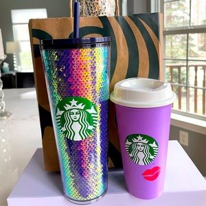 NWT!💜💜STARBUCKS PURPLE SEQUIN TUMBLER & STARBUCKS LIP KISS💋HOT COFFEE CUP!